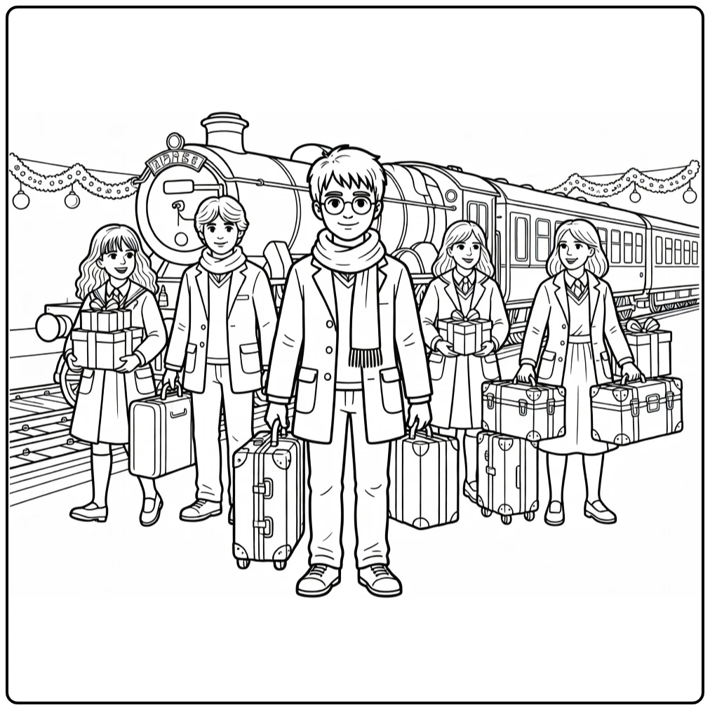 harry potter kerst kleurplaat Harry op Perron 9¾ met Ron Hermione