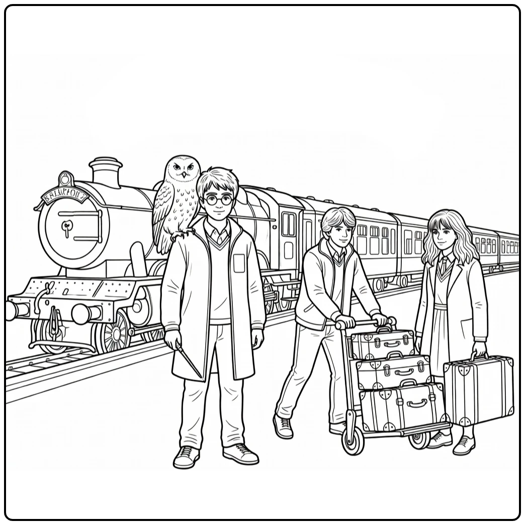 Harry Potter kleurplaat perron 9¾ met Hedwig Ron Hermione