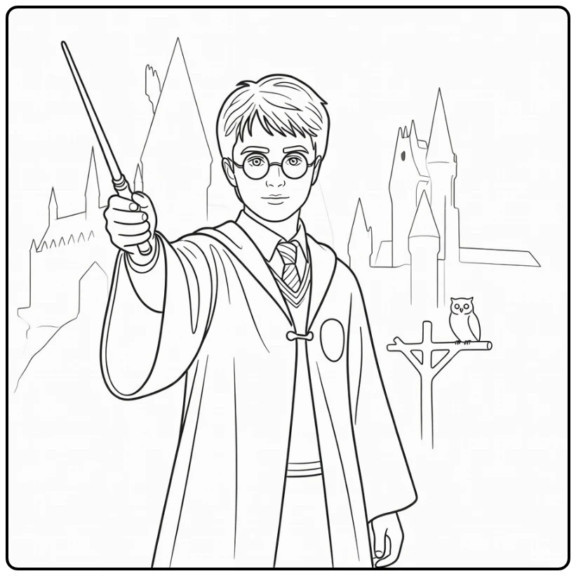 Harry Potter kleurplaat met toverstaf en ronde bril