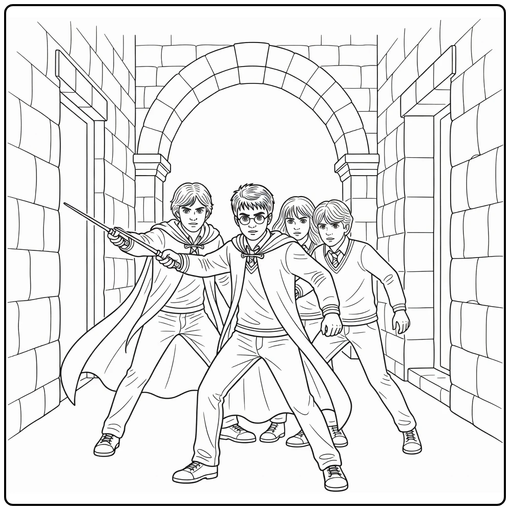Harry Potter kleurplaat duel gang Sirius Hermione Ron