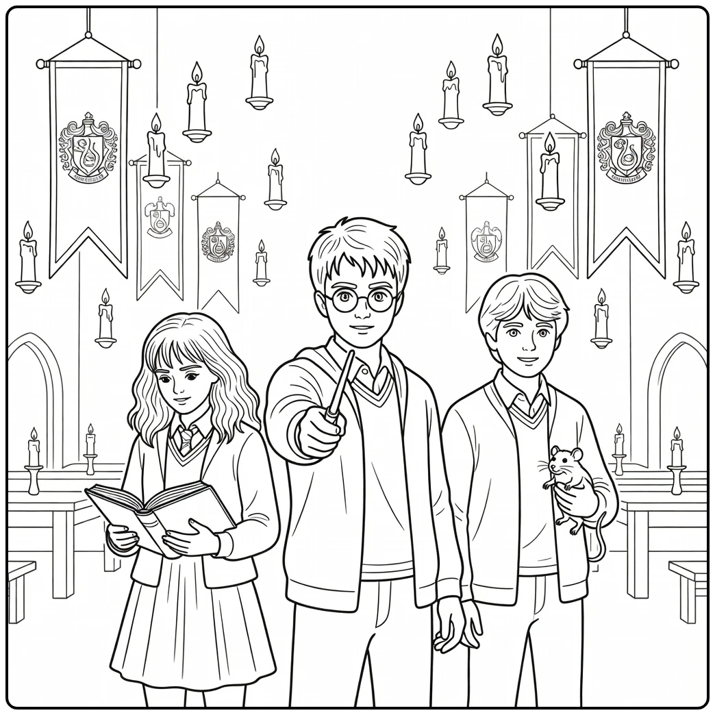 harry potter kleurplaat Harry met Hermione en Ron in Grote Zaal