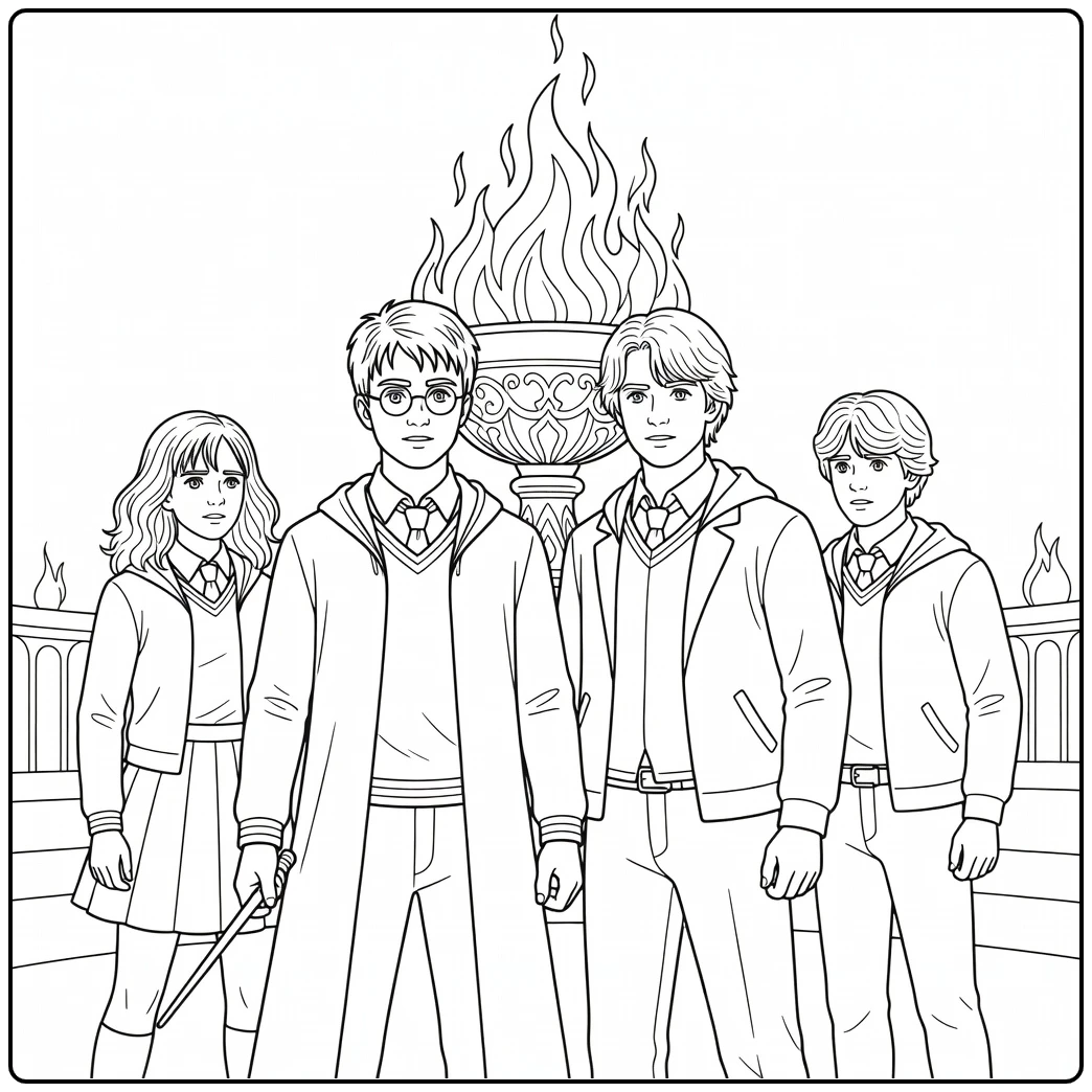harry potter kleurplaat Driewizardtoernooi met Cedric, Ron, Hermione