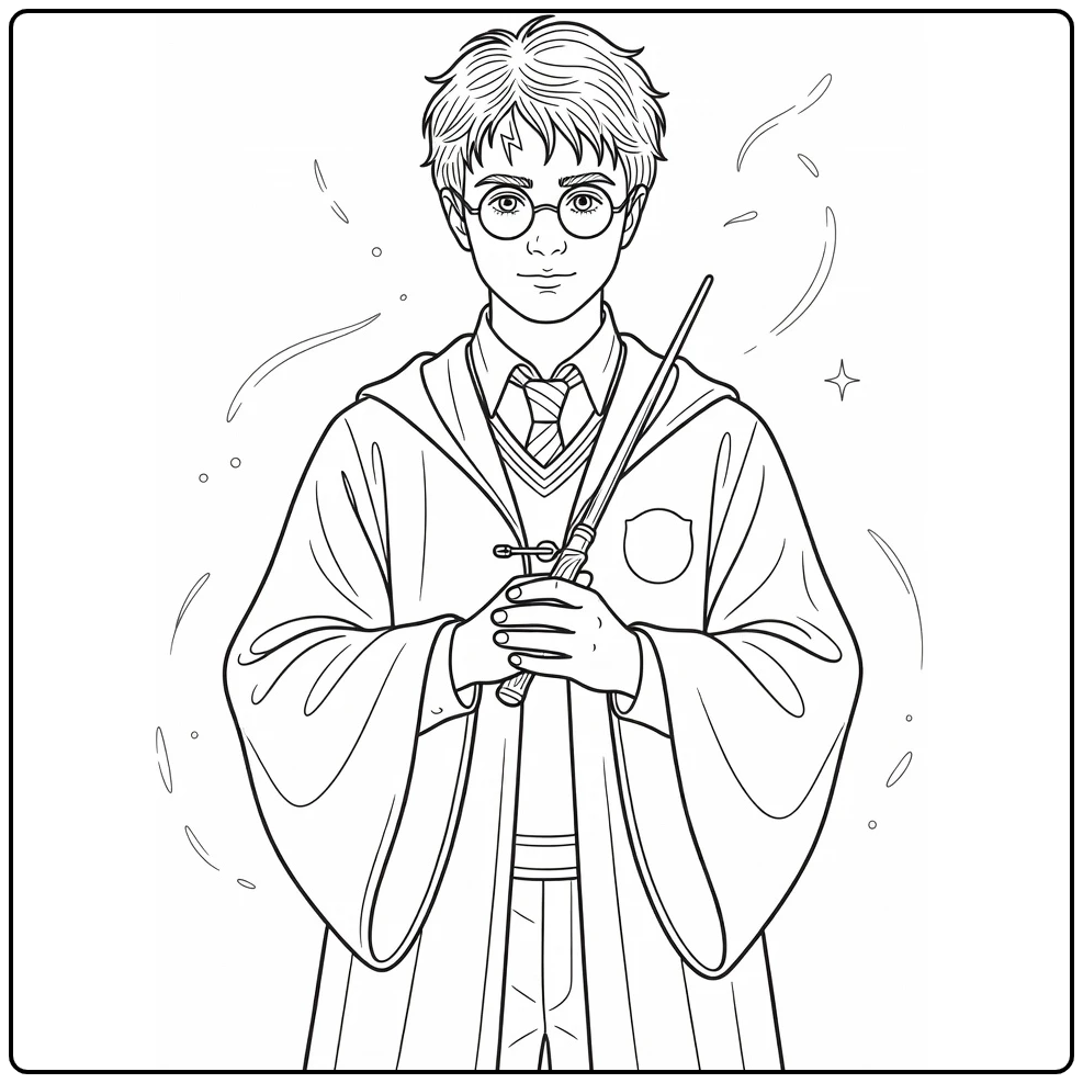 Harry Potter kleurplaat met bril, litteken en toverstok