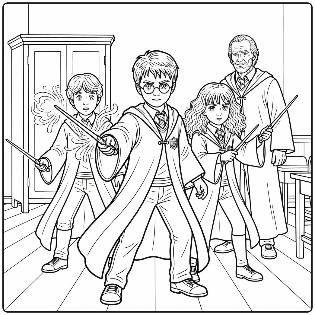 Harry Potter kleurplaat: defensieve spreuk met Hermione en Ron