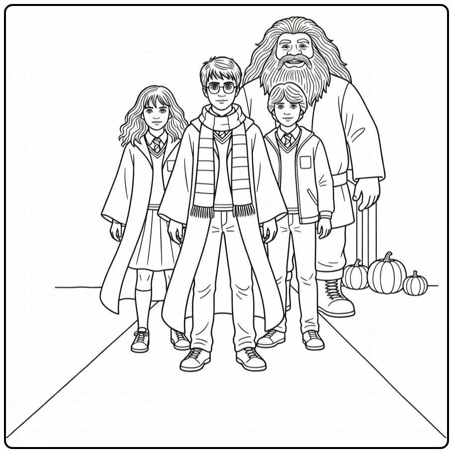 harry potter kleurplaat makkelijk met Hermione, Ron en Hagrid