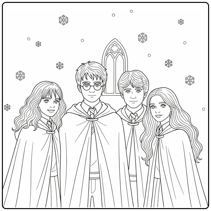 harry potter kleurplaat makkelijk Harry met vrienden sneeuw
