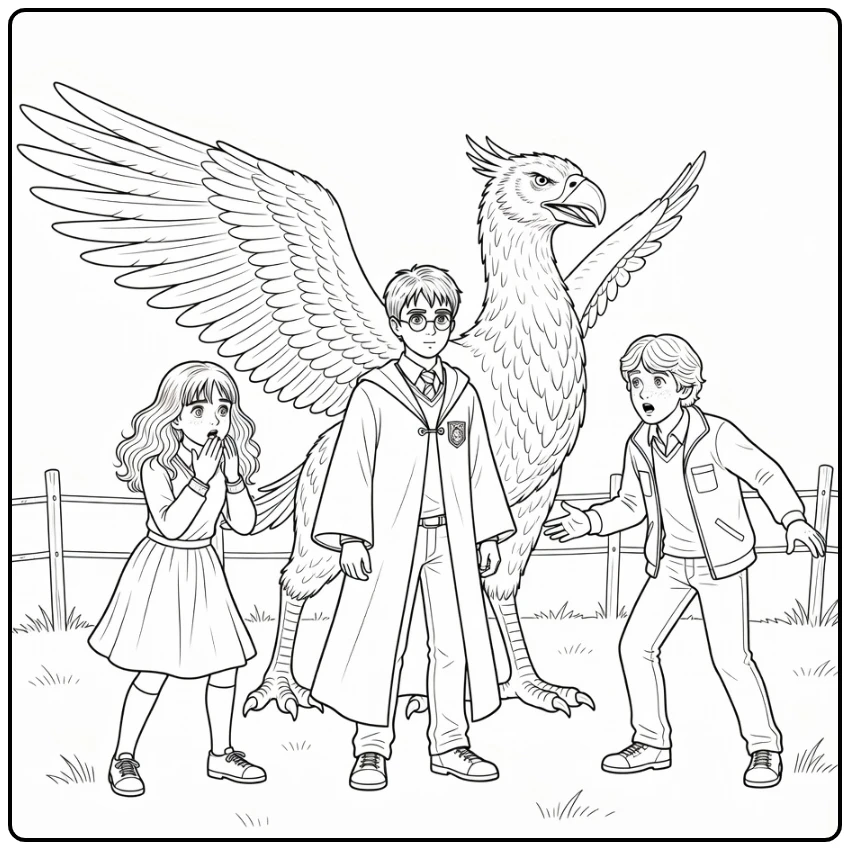 harry potter kleurplaat makkelijk met Buckbeak, Hermione en Ron