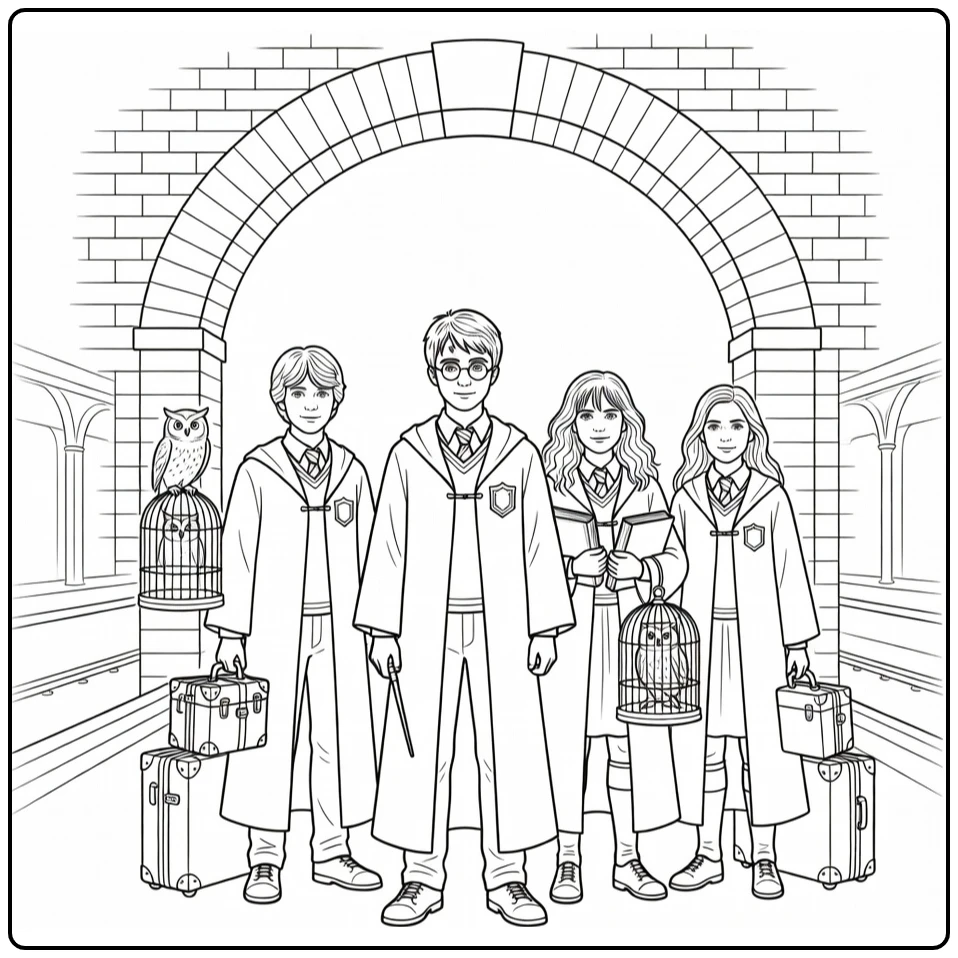 harry potter kleurplaat makkelijk met Ron Hermione Ginny perron 9¾