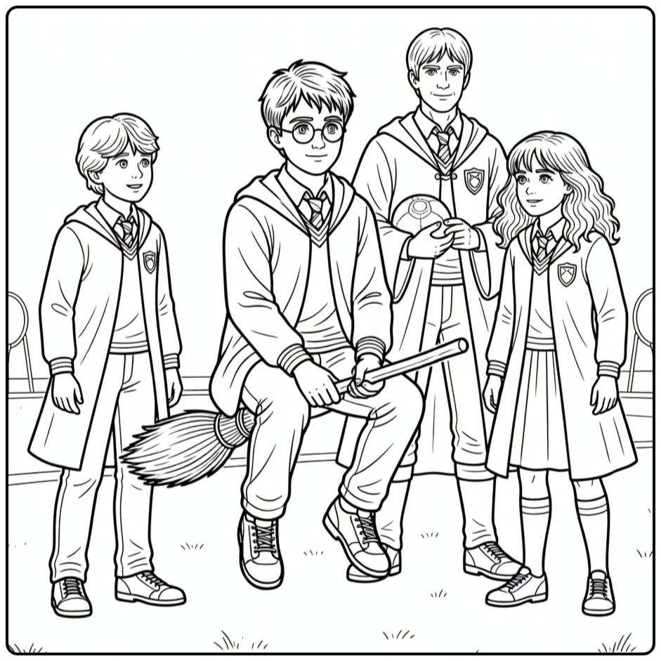 harry potter kleurplaat makkelijk: Harry op bezem met Ron, Hermione, Oliver