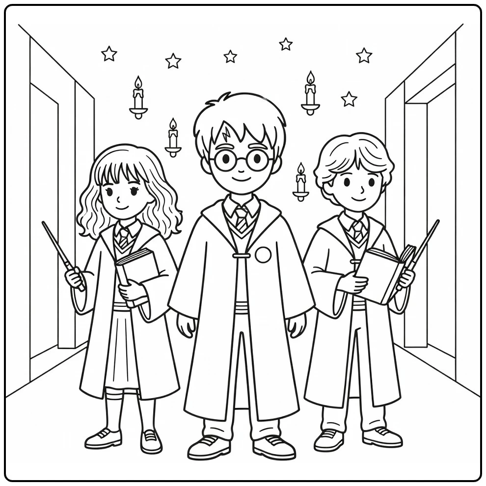 harry potter kleurplaat makkelijk met Harry, Hermione & Ron