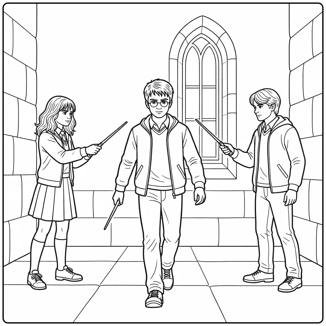 harry potter kleurplaat makkelijk Harry met Hermione Ron Draco