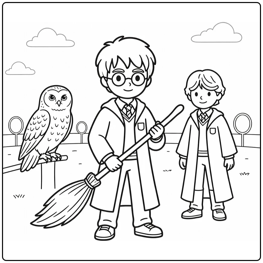 harry potter kleurplaat makkelijk Harry bezem Hedwig Ron