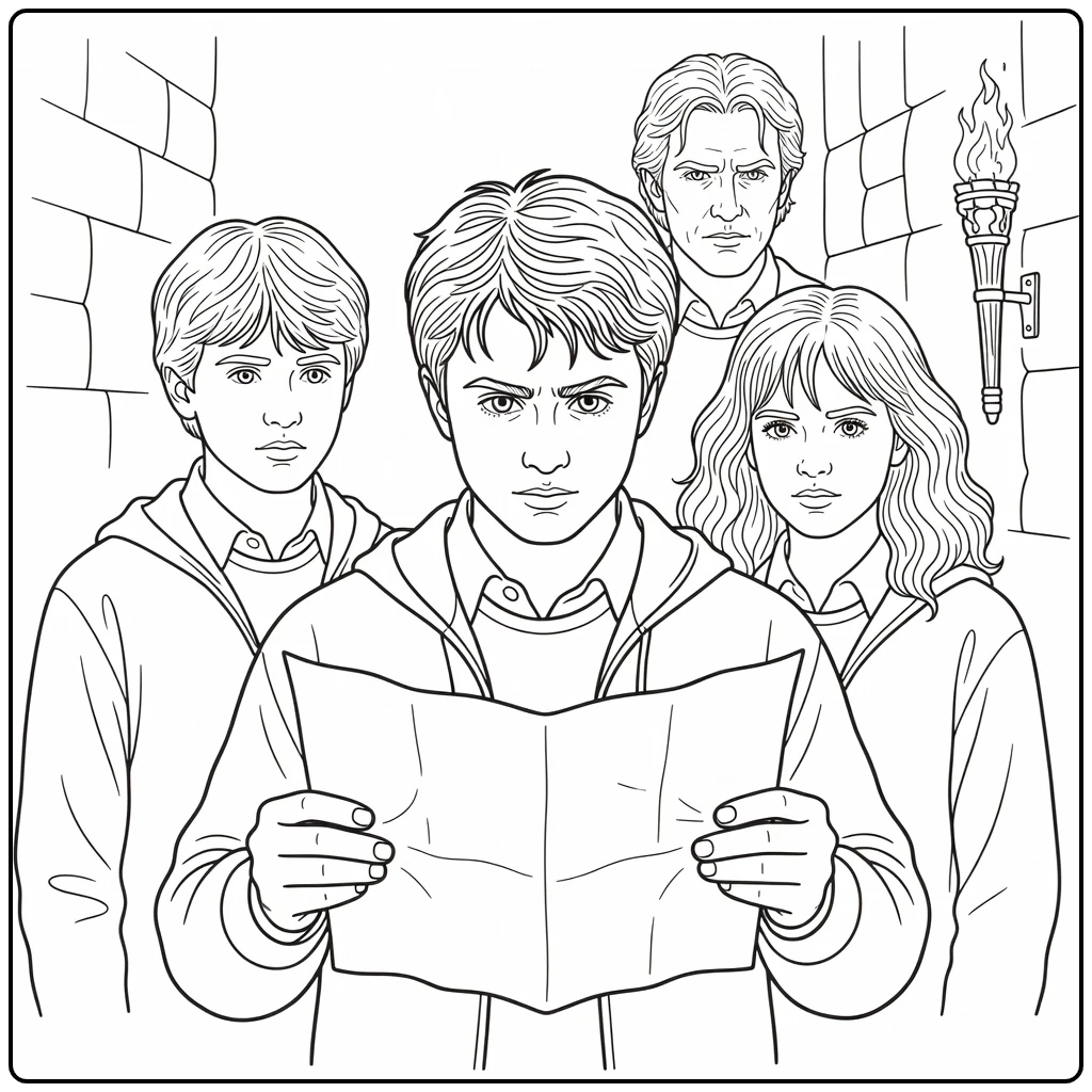 harry potter kleurplaat makkelijk Harry met Stipkaart en vrienden