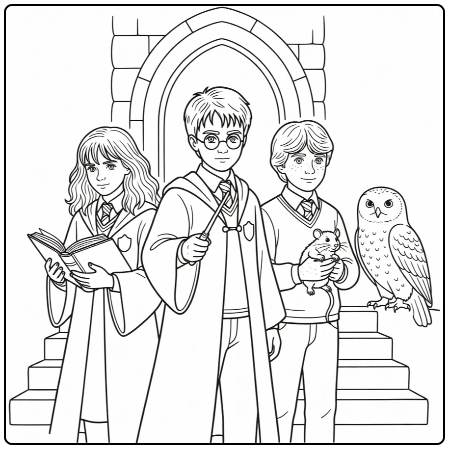 Harry Potter kleurplaat makkelijk met Harry, Hermione, Ron & Hedwig