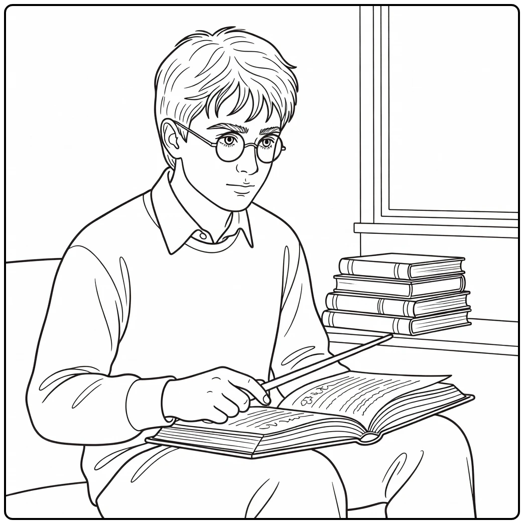 harry potter kleurplaat zittend met open spreukenboek en stok