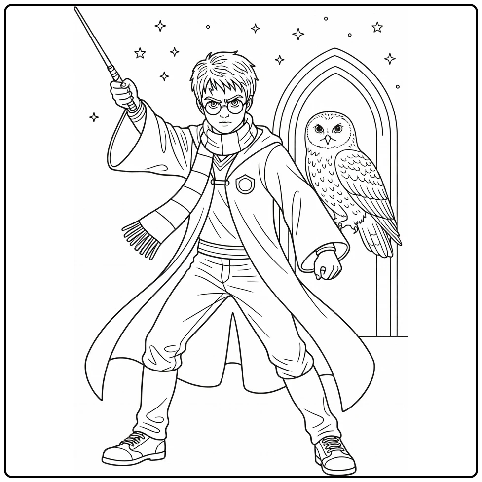 harry potter kleurplaat heroïsche pose met Hedwig en kasteel