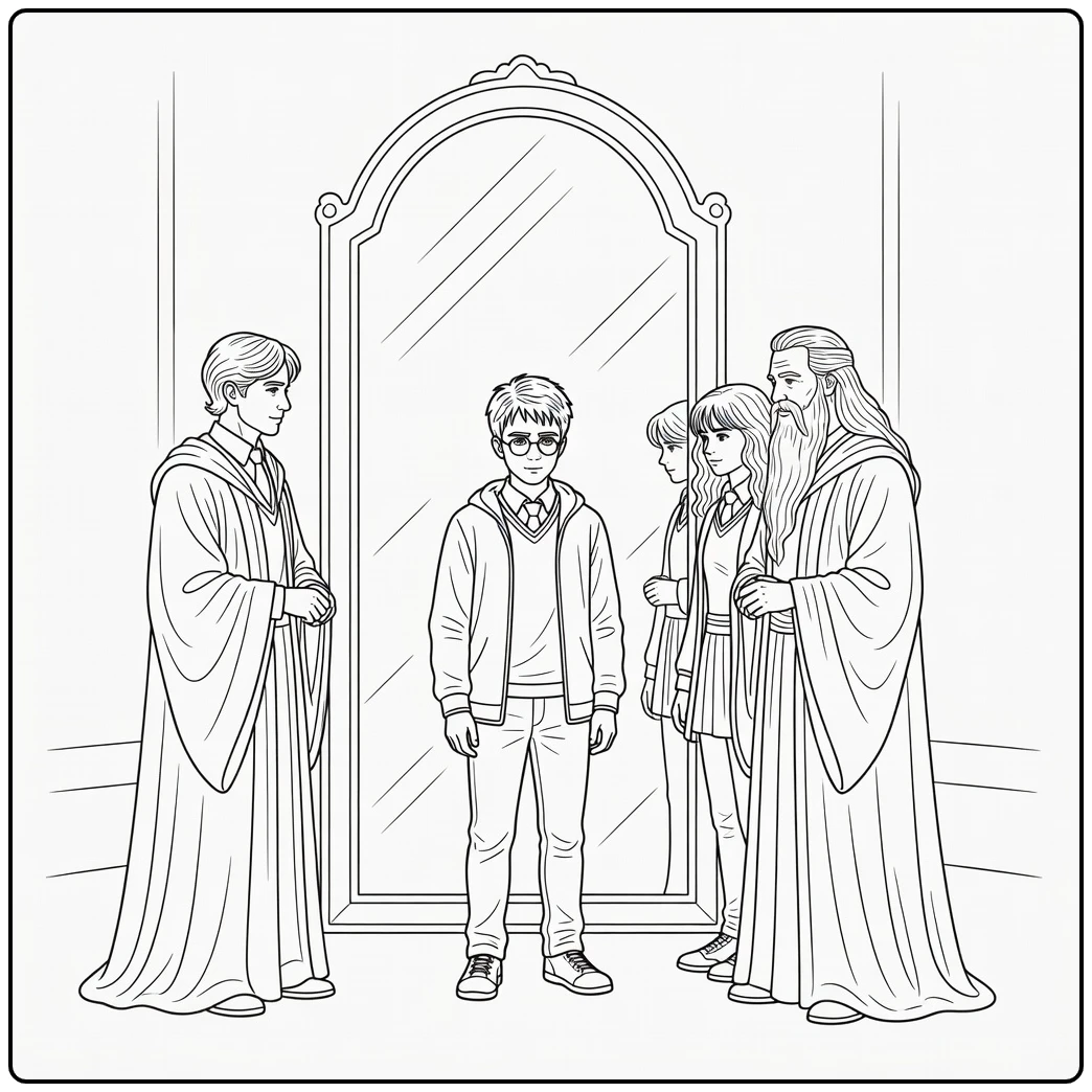harry potter kleurplaat Harry bij Spiegel van Erised met Perkamentus
