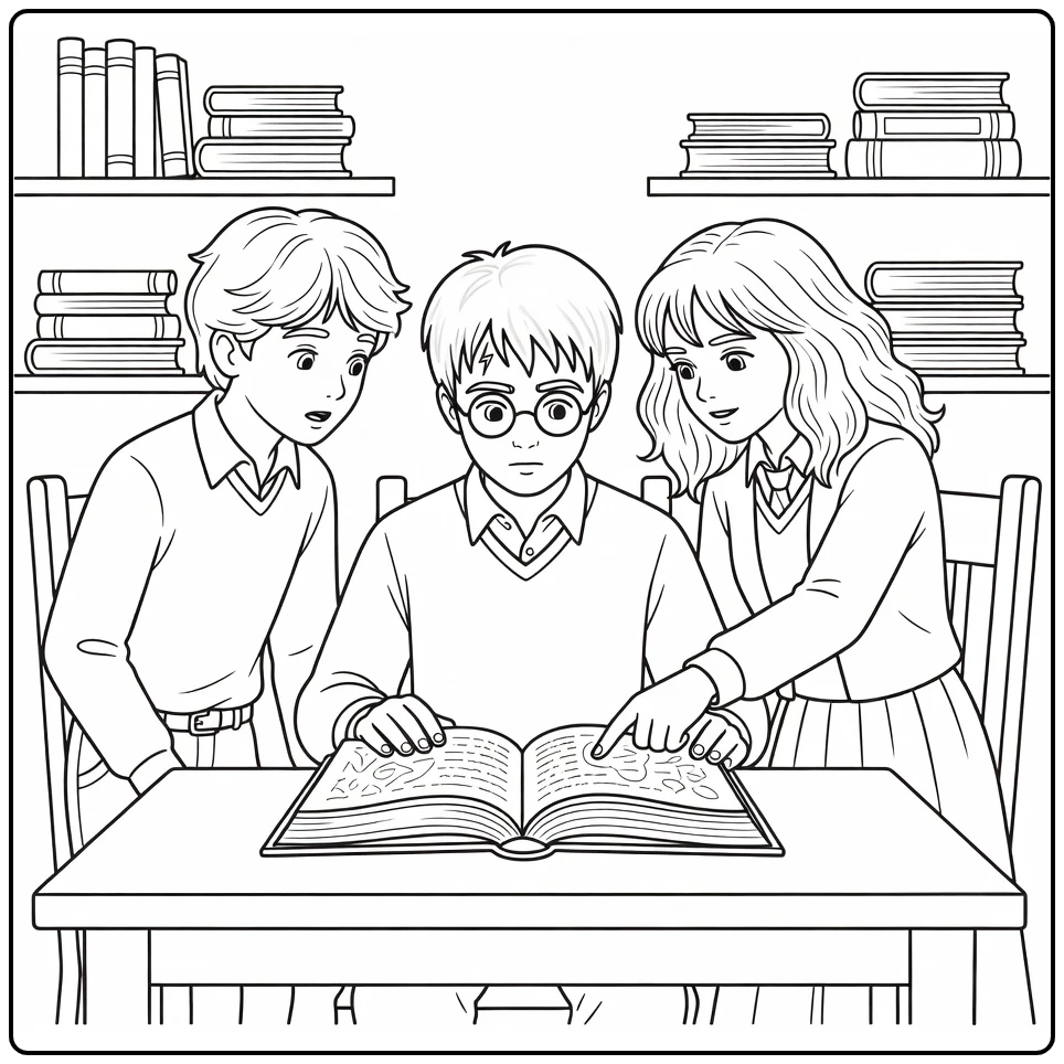 Harry Potter kleurplaat: Harry, Hermione en Ron in bibliotheek
