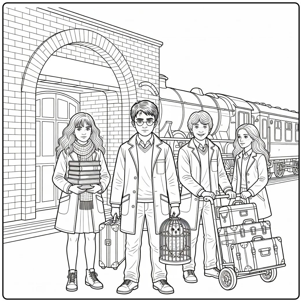 harry potter kleurplaat moeilijk Perron 9¾ Harry Hermione Ron