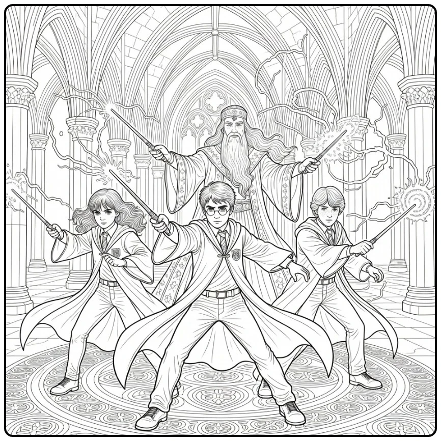 harry potter kleurplaat moeilijk: duel in Hogwarts met Hermione, Ron