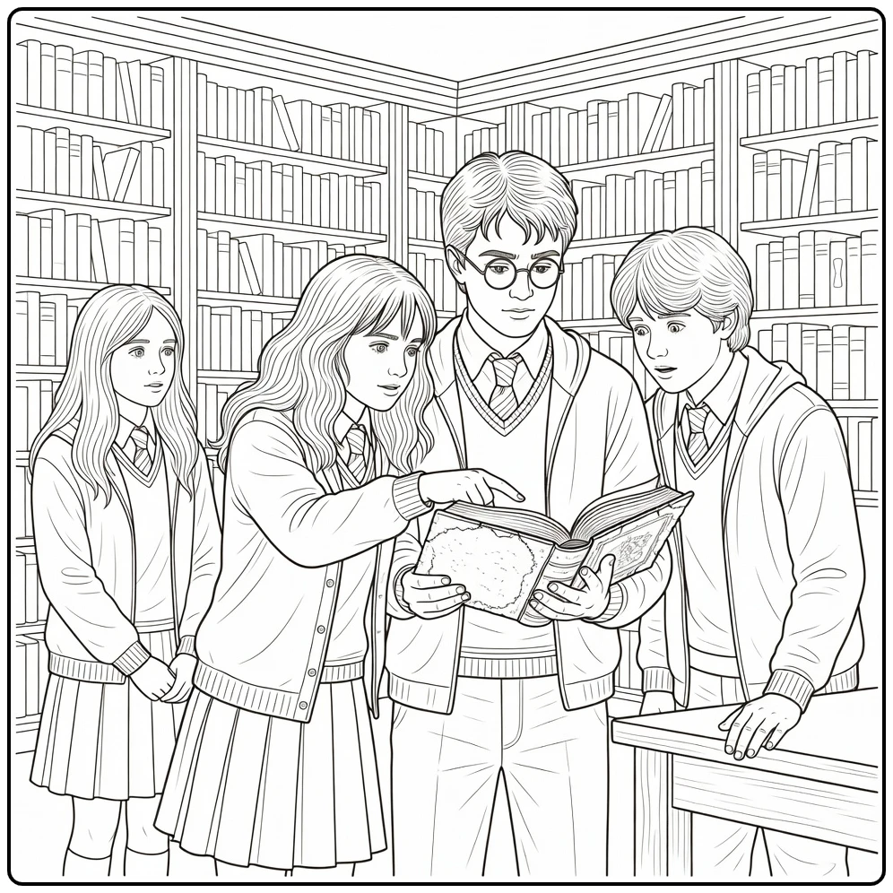 harry potter kleurplaat moeilijk: Harry leest spreukenboek in Hogwarts bibliotheek met Hermione, Ron, Luna