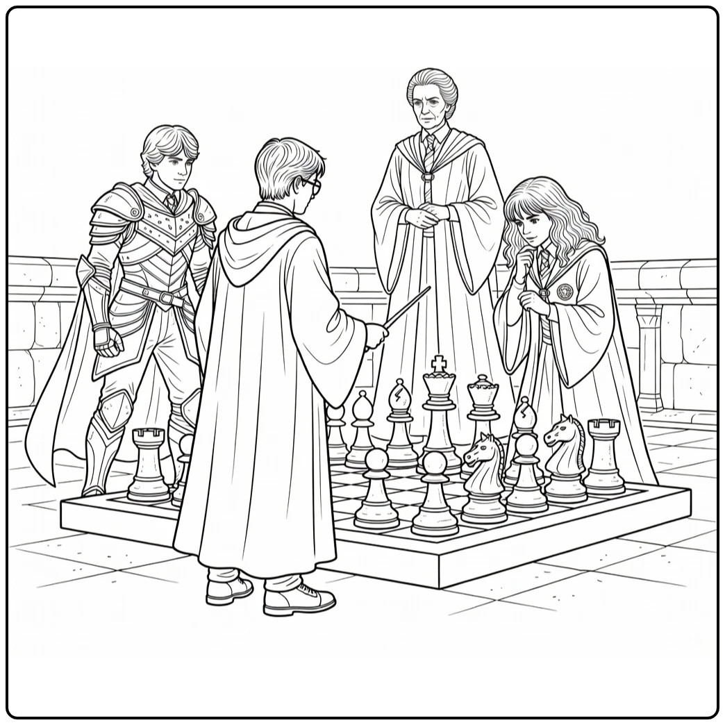 harry potter kleurplaat moeilijk: Harry bij magisch schaakbord met Ron