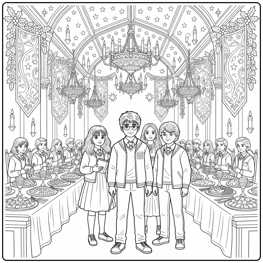 harry potter kleurplaat moeilijk - Harry in Grote Zaal feest