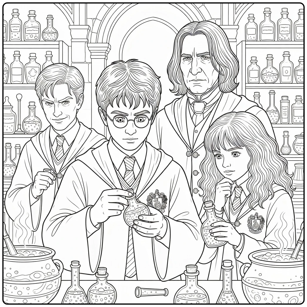 harry potter kleurplaat moeilijk: Harry met buisje in toverdrankenlokaal