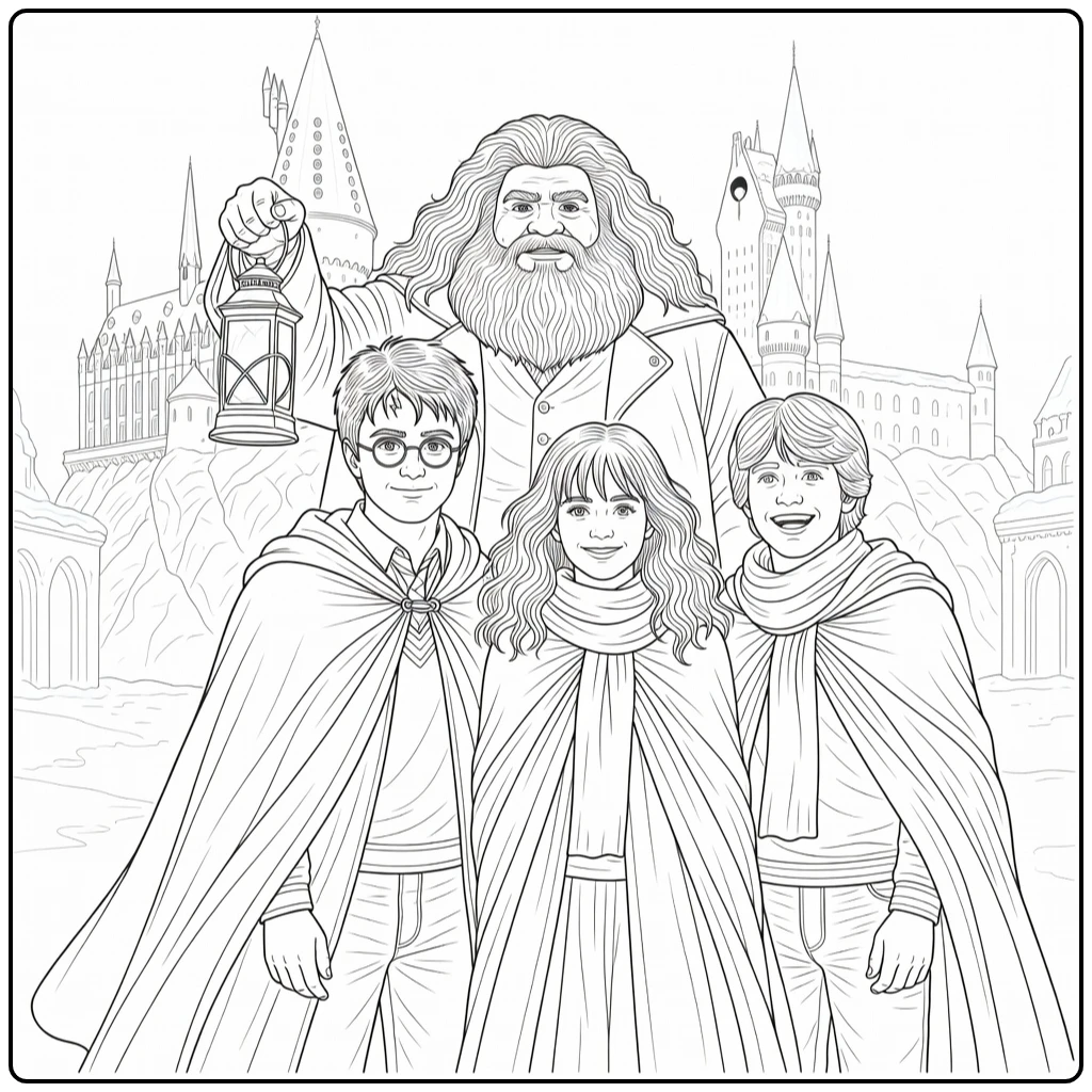 harry potter kleurplaat moeilijk: Harry, Hermione, Ron, Hagrid in sneeuwige Hogwarts