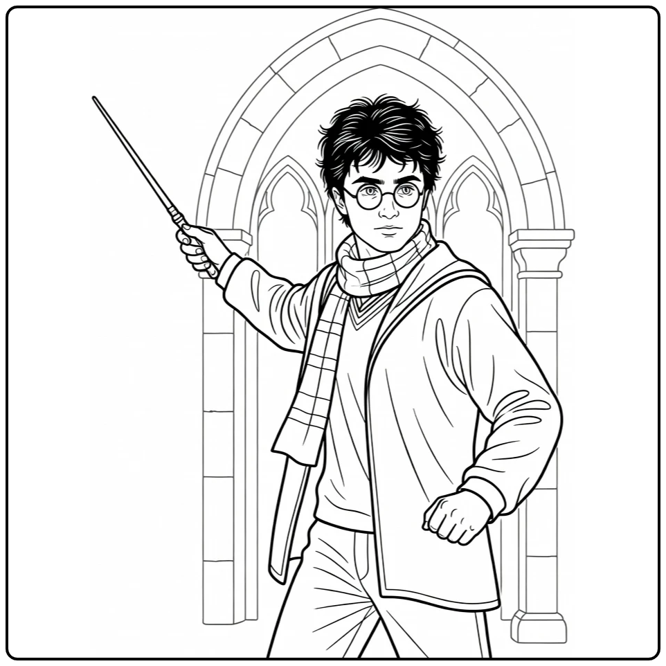 harry potter kleurplaat: Harry met toverstaf geheven voor duel