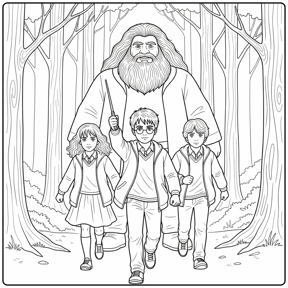 Harry Potter kleurplaat: Harry met toverstaf in Verboden Bos met Ron en Hermione