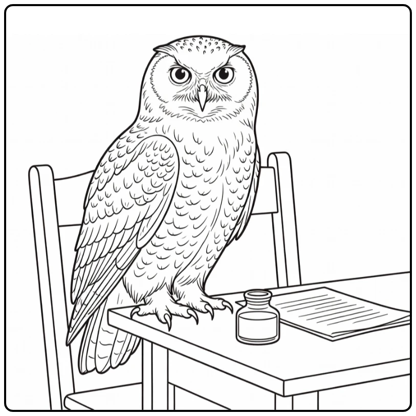 hedwig harry potter kleurplaat uil op hogwarts bureau met inkt