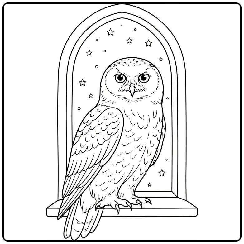 hedwig harry potter kleurplaat uil op Hogwarts vensterbank