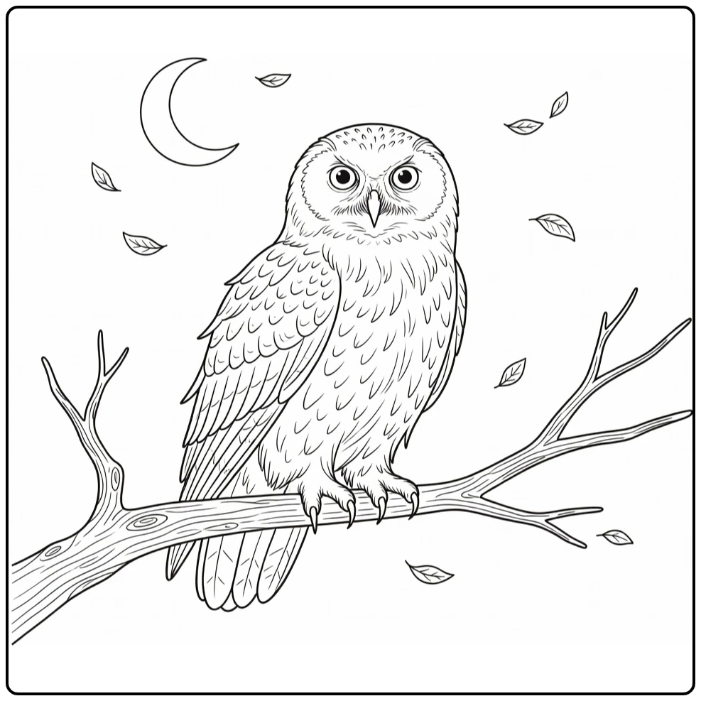 hedwig harry potter kleurplaat uil op rustieke tak met maan