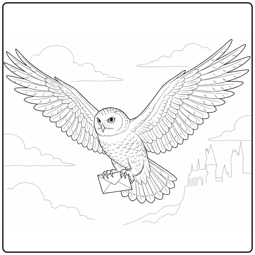 Hedwig Harry Potter kleurplaat: vliegende uil met brief