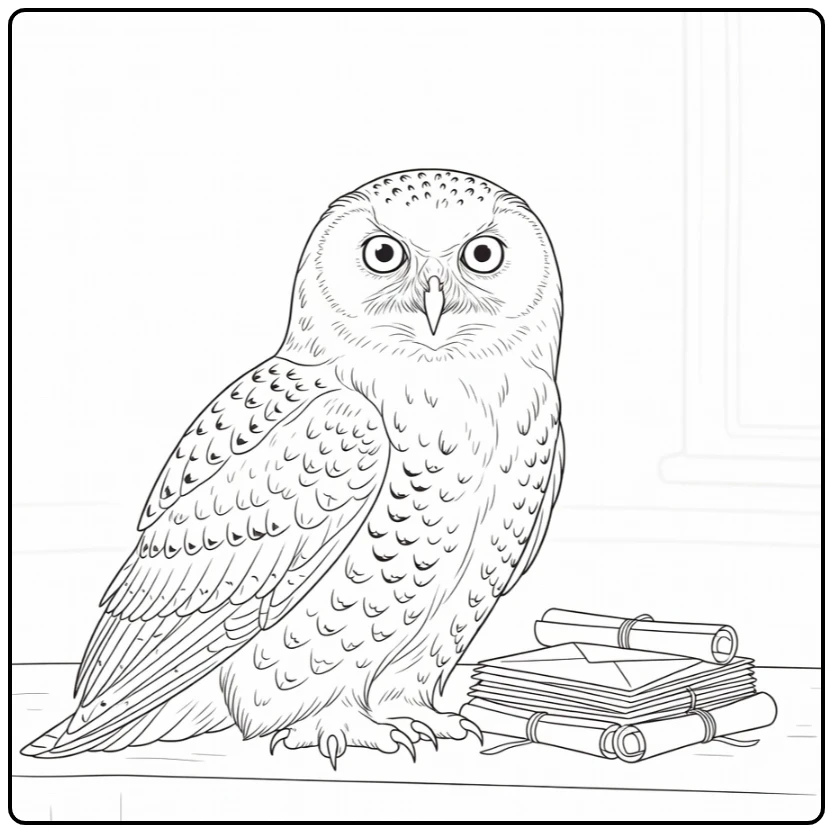 hedwig harry potter kleurplaat: rustende uil bij brieven