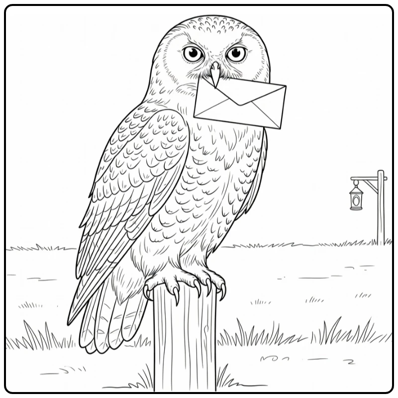 hedwig harry potter kleurplaat sneeuwuil met Hogwarts-brief in snavel