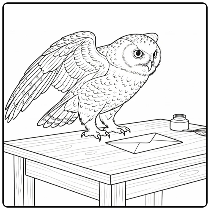 hedwig harry potter kleurplaat: uil landt op tafel met brief