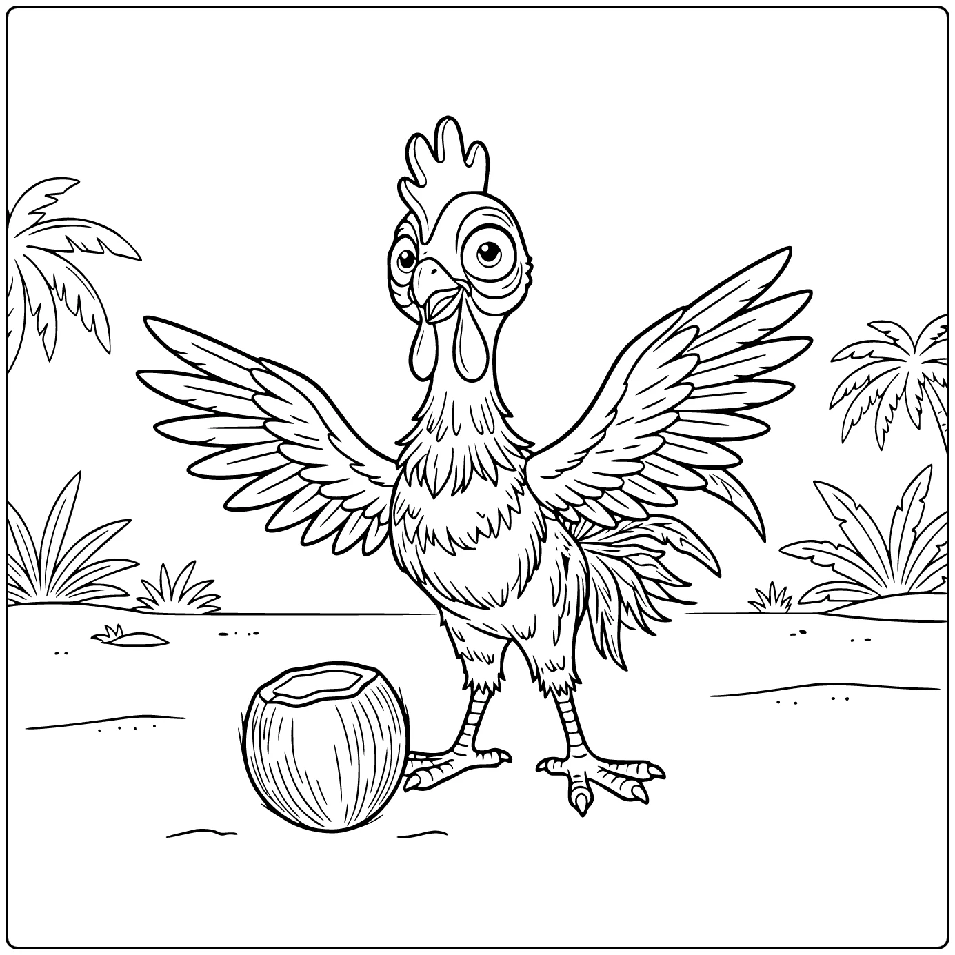 Heihei Kleurplaat: Heihei klappert onhandig vleugels bij kokosnoot