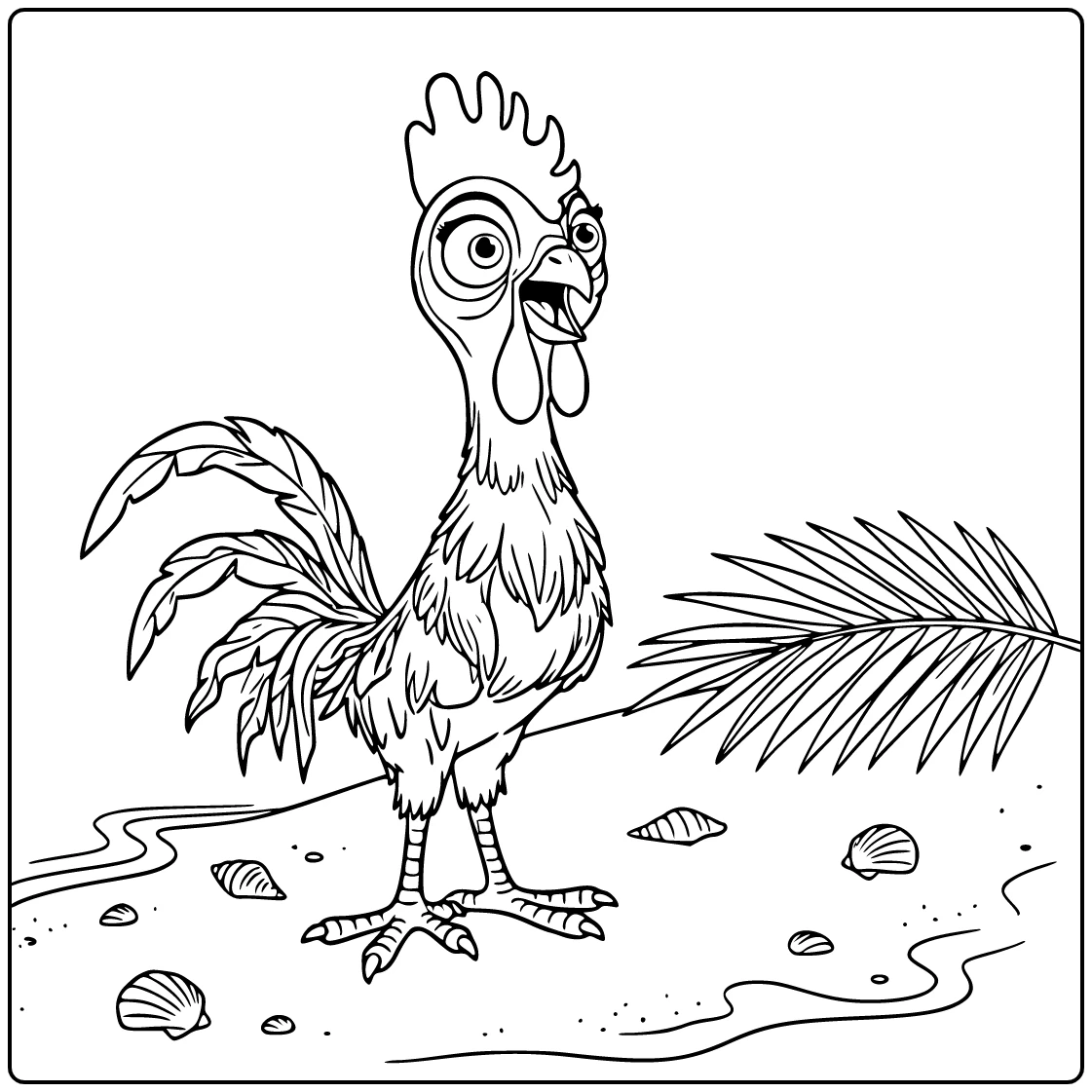 Heihei Kleurplaat: verwarde Heihei op zandstrand bij zee