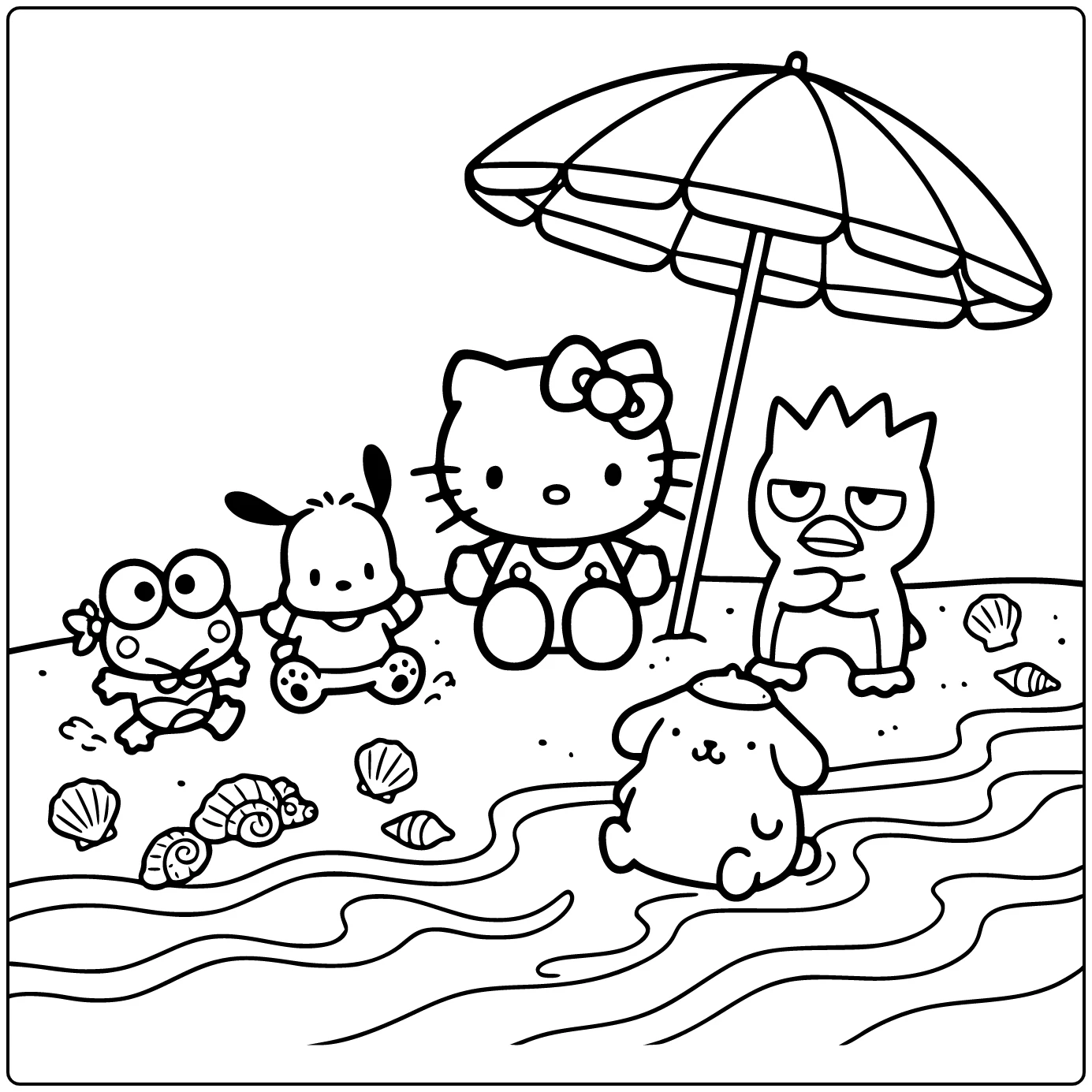 Sanrio kleurplaat Hello Kitty met Keroppi, Pochacco