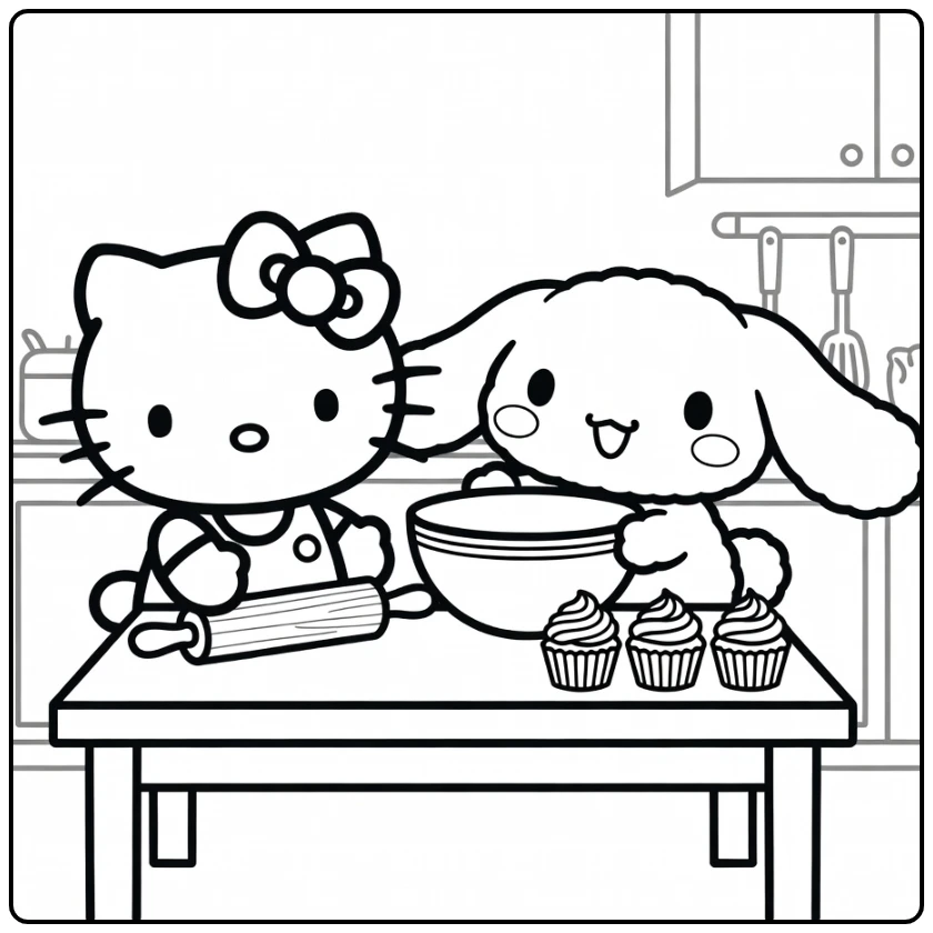 hello kitty cinnamoroll kleurplaat bakken cupcakes