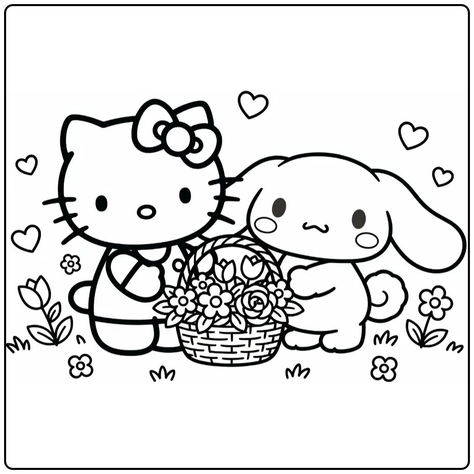hello kitty cinnamoroll kleurplaat met bloemenmand en harten