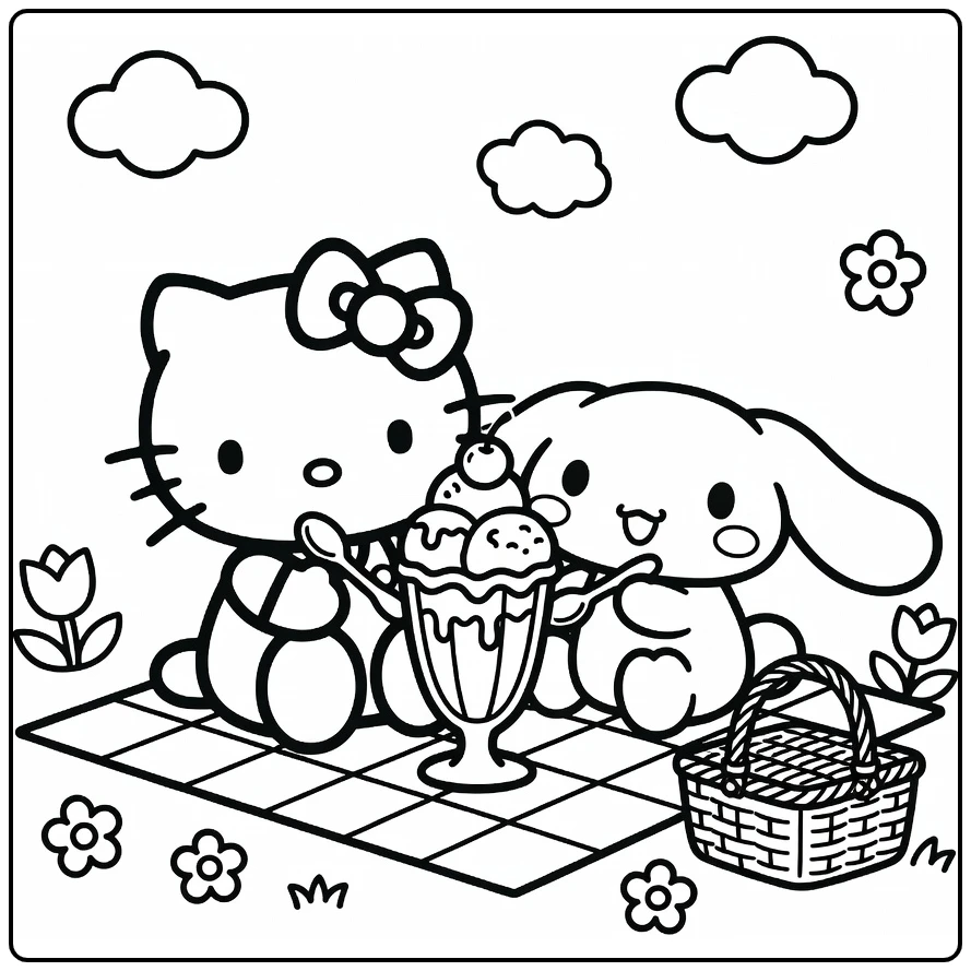 hello kitty cinnamoroll kleurplaat picknick ijscoupe bloemen