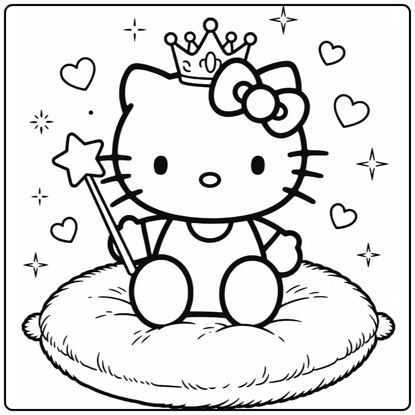 Hello Kitty Cute Kleurplaat: kitty met kroon en sterstaf