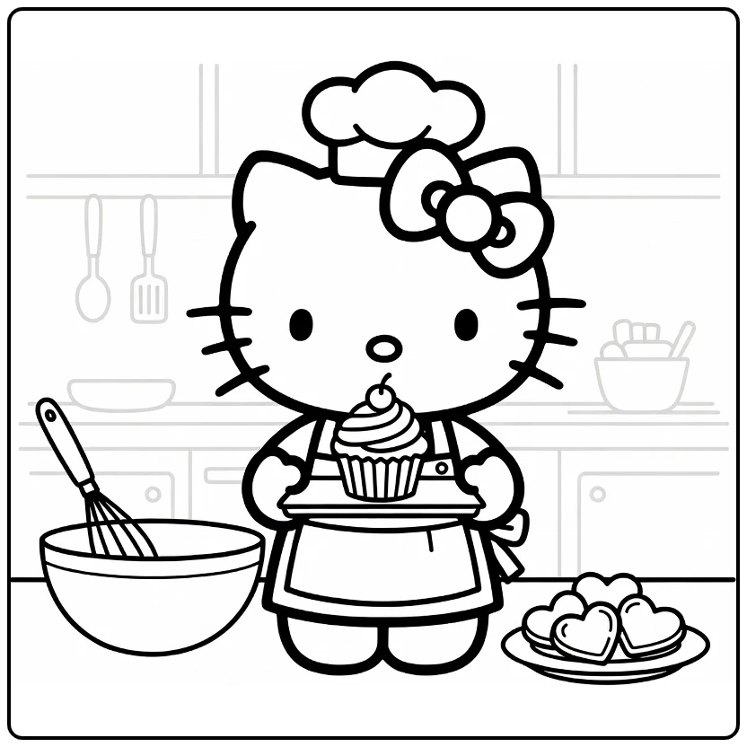 Hello Kitty Cute Kleurplaat: schattige bakker met cupcake en koekjes