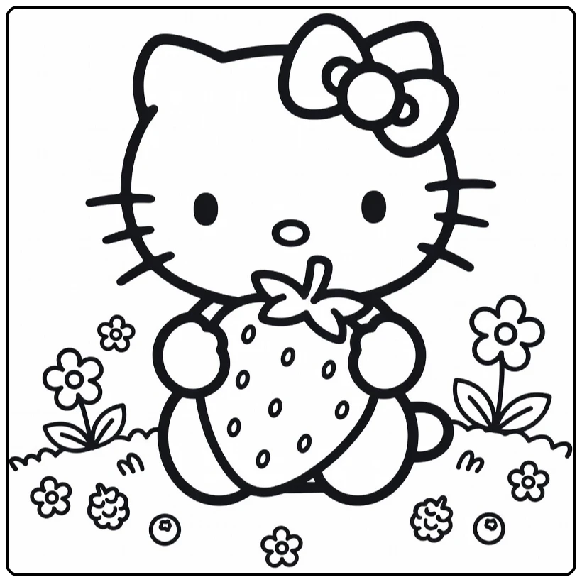 Hello Kitty Cute Kleurplaat met reusachtige aardbei en bloemen