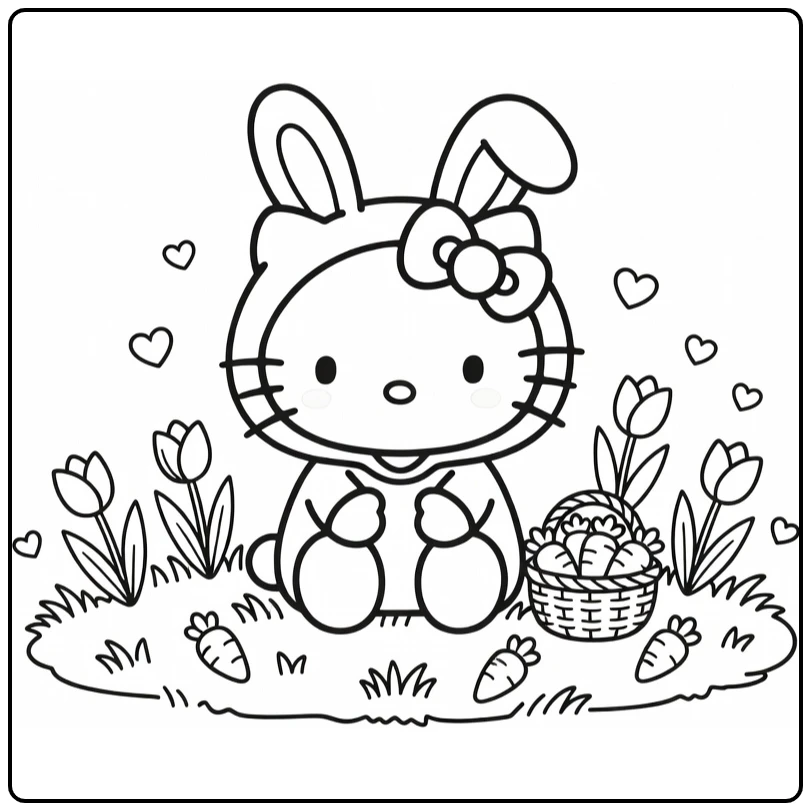 Hello Kitty Cute Kleurplaat met bunny hoodie en wortelmandje