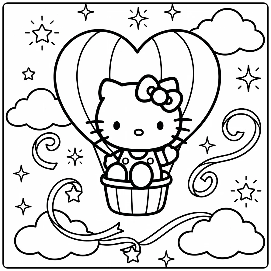 Hello Kitty Cute Kleurplaat: Kitty in hartballon met sterren
