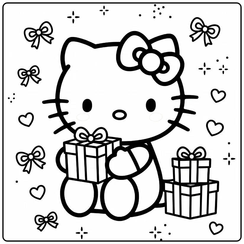 Hello Kitty Cute Kleurplaat: knuffelt cadeau met hartjes
